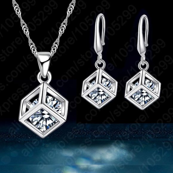 Jewelry - 925 Sterling Silver Earrings With Necklace Set Bundle Square Gift Minimalist